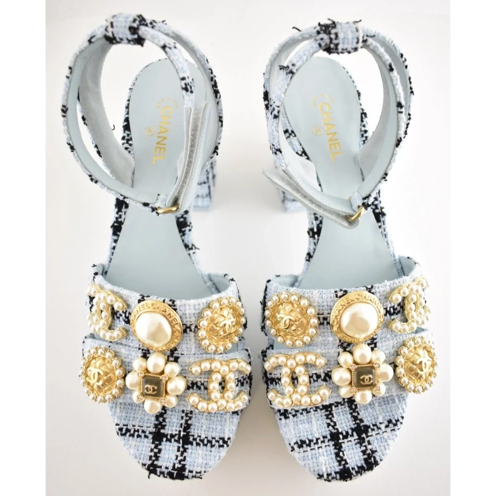 Chanel 25S Blue Black Tweed Pearl CC Logo Platform Strap Block Heel Sandal 40